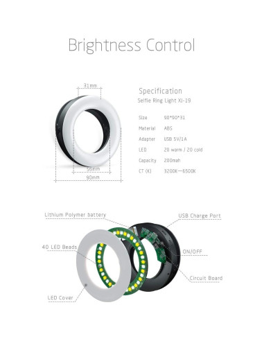 Luz de Anillo para Selfie XINBAOHONG Recargable 40 LED