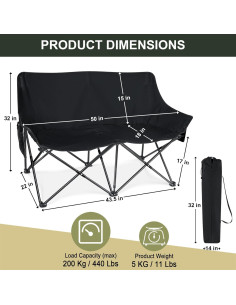 Silla de Camping Joyfair Sofá Plegable 2 Asientos Negro 2
