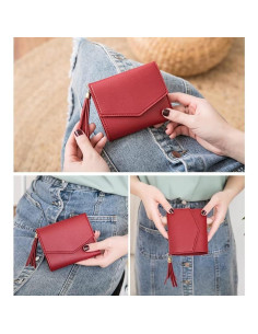 Billetera RFID Mujer Cuero PU Compacta 6 Tarjetas Rojo 2