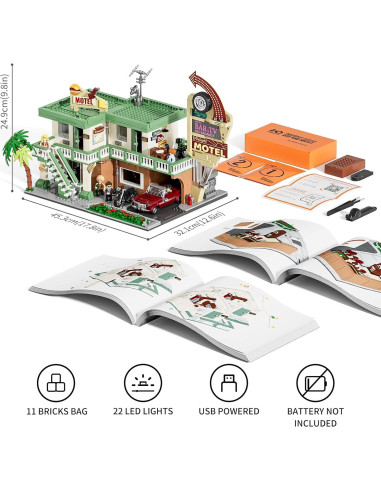Set de Construcción FUNWHOLE Motel Vintage 1970 con Luces LED
