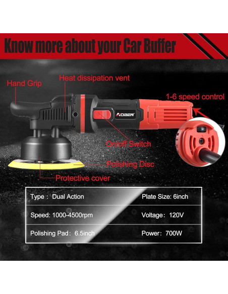 Pulidor de Coche AOBEN 6" 700W 6 Velocidades Multiusos