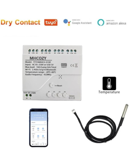 Controlador de Temperatura WiFi Tuya 4 Canales 10A con Sonda