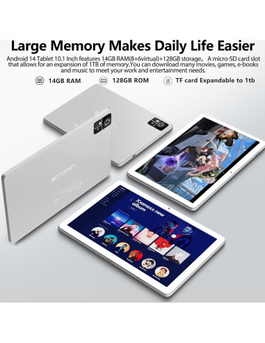 Tableta EITOMIN 10" Android 14 Octa-Core 14GB RAM 128GB