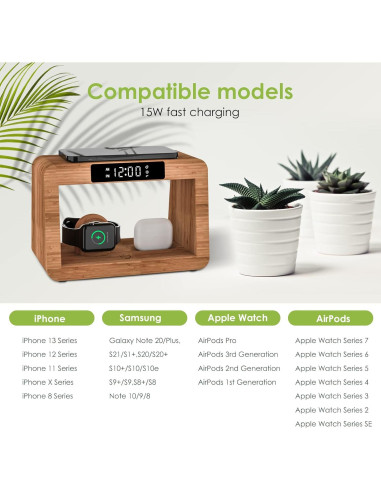 Estación de Carga Inalámbrica Qunfa 3 en 1 con Reloj