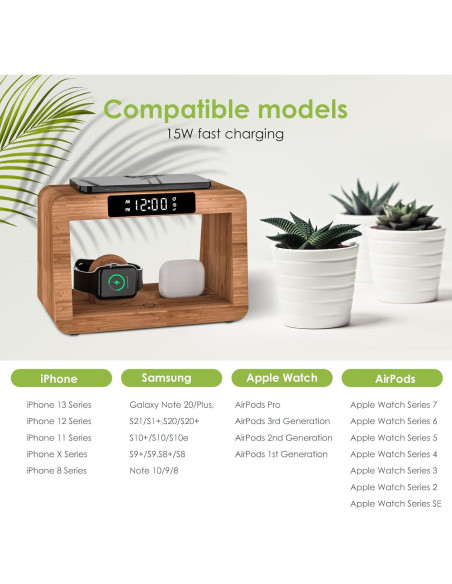 Estación de Carga Inalámbrica Qunfa 3 en 1 con Reloj