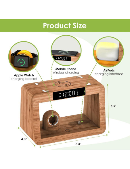 Estación de Carga Inalámbrica Qunfa 3 en 1 con Reloj