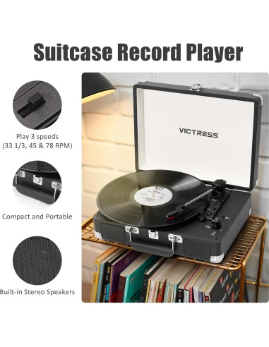 Reproductor de Vinilo VICTRESS TE-001F-BK Bluetooth 3 Velocidades