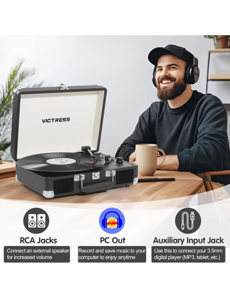Reproductor de Vinilo VICTRESS TE-001F-BK Bluetooth 3 Velocidades