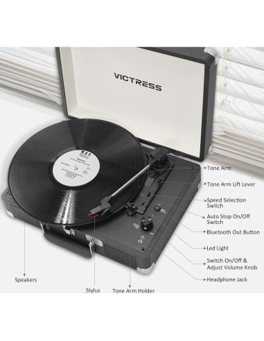 Reproductor de Vinilo VICTRESS TE-001F-BK Bluetooth 3 Velocidades