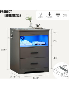 Mesita de Noche FREDEES BL-9602-32 con Carga USB y LED 2