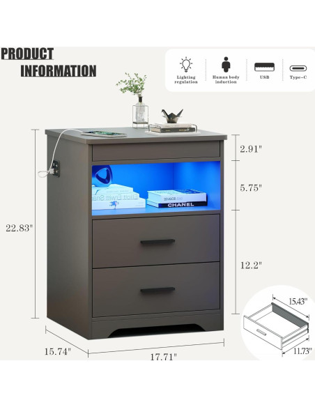 Mesita de Noche FREDEES BL-9602-32 con Carga USB y LED