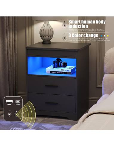 Mesita de Noche FREDEES BL-9602-32 con Carga USB y LED