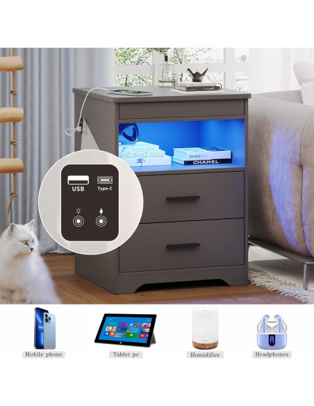 Mesita de Noche FREDEES BL-9602-32 con Carga USB y LED