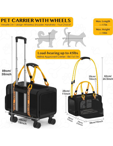 Transportín para Gatos PAWZIDEA Rodante 45x28x28cm Negro
