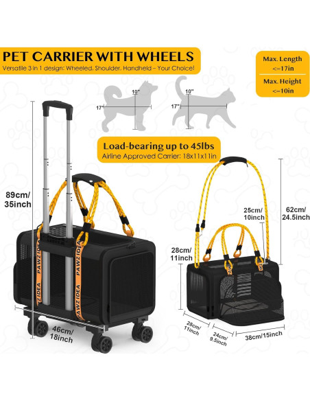 Transportín para Gatos PAWZIDEA Rodante 45x28x28cm Negro
