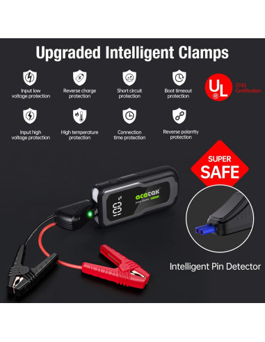 Arrancador de Batería Acetek 2500A 12V Portátil 74WH