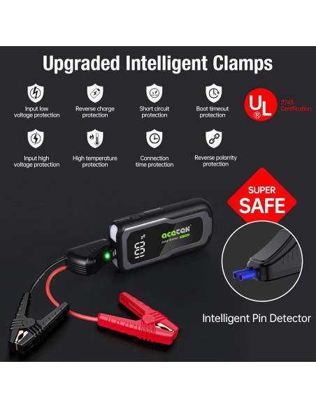 Arrancador de Batería Acetek 2500A 12V Portátil 74WH