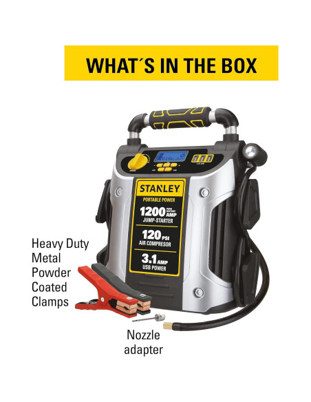 Arrancador STANLEY J5C09D 1200A Pico + Compresor 120 PSI