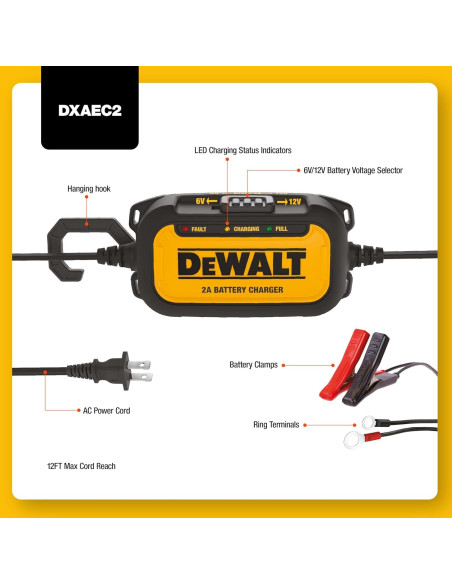 Cargador DeWalt DXAEC2 2A para Baterías 6V y 12V Amarillo