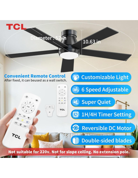 Ventilador de Techo TCL 132cm Negro con Luz LED y Control Remoto
