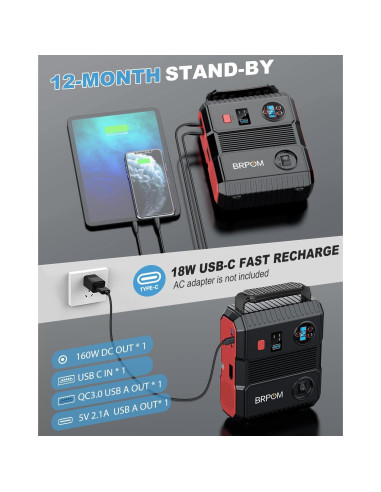 Arrancador de Coche BRPOM BM600 con Compresor 150PSI 8000A