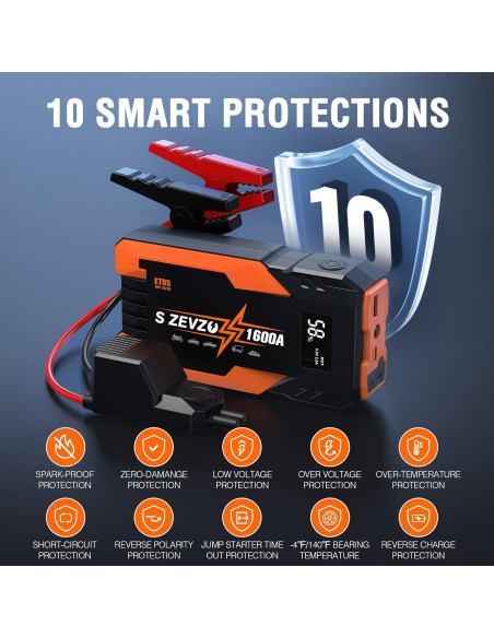 Arrancador de Coche S ZEVZO ET05 1600A 12V con USB y LCD