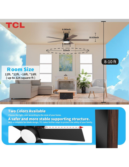 Ventilador de Techo TCL 132cm Negro con Luz LED y Control Remoto