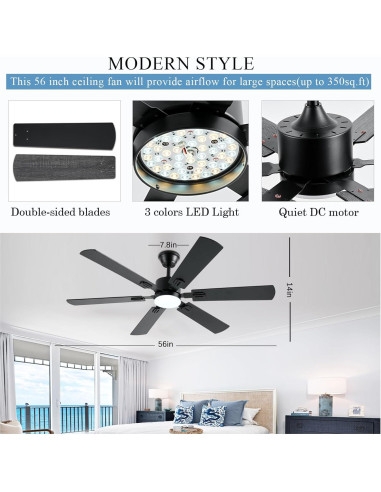 Ventilador de Techo FUMLTP 56" Negro con Luz LED y Control Remoto
