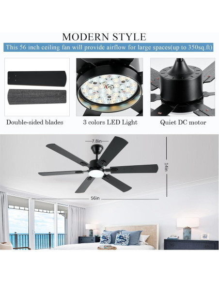 Ventilador de Techo FUMLTP 56" Negro con Luz LED y Control Remoto