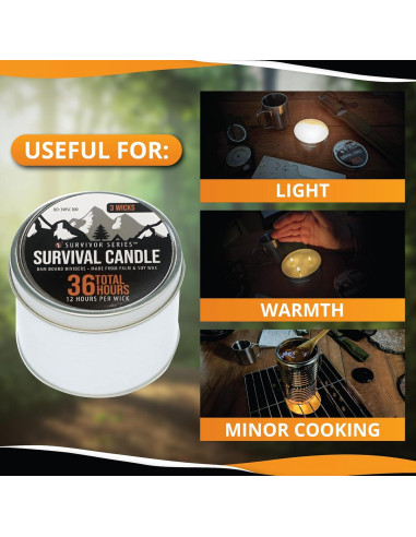 Vela de Emergencia SE Survivor 3 Mechas 36 Horas Cera Soja