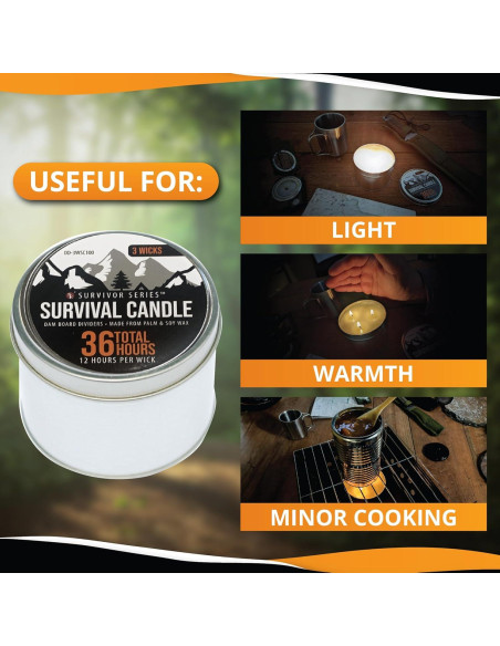 Vela de Emergencia SE Survivor 3 Mechas 36 Horas Cera Soja