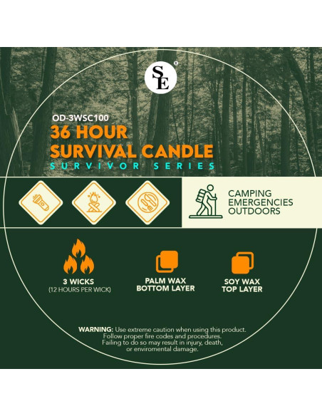 Vela de Emergencia SE Survivor 3 Mechas 36 Horas Cera Soja