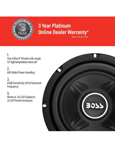 Subwoofer BOSS CXX8 8" 600W Bobina Simple 4 Ohmios