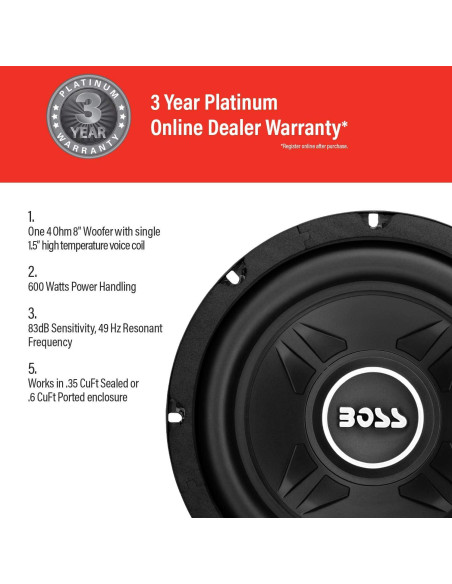 Subwoofer BOSS CXX8 8" 600W Bobina Simple 4 Ohmios