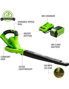 Soplador de Hojas Greenworks 40V 241,4 km/h Ligero y Silencioso 2