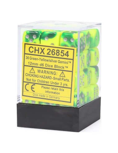 Juego de Dados D&D Chessex 36 D6 Verde Amarillo Plata