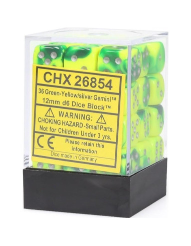 Juego de Dados D&D Chessex 36 D6 Verde Amarillo Plata