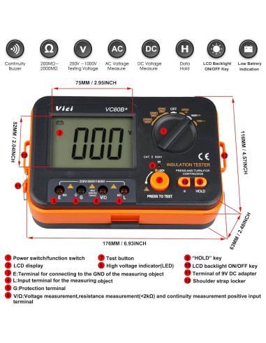 Probador de Aislamiento Digital JUNLIXN VC60B+ 250/500/1000V