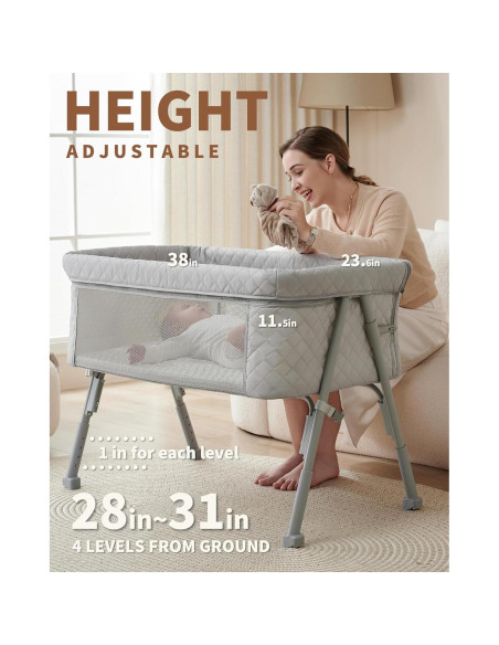 Cuna de Lado AirClub Gris con Altura Ajustable y Malla Transpirable