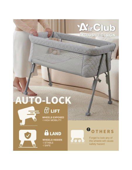Cuna de Lado AirClub Gris con Altura Ajustable y Malla Transpirable