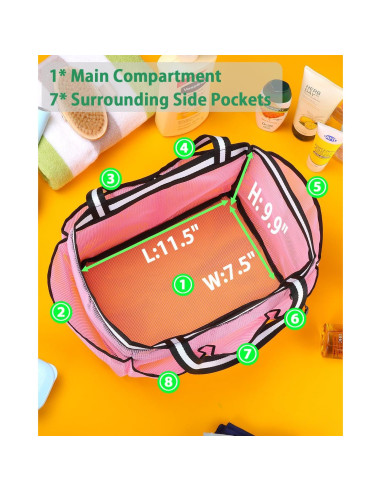 Caddy de Ducha Ocim XL Portátil Malla Rosa 7 Bolsillos