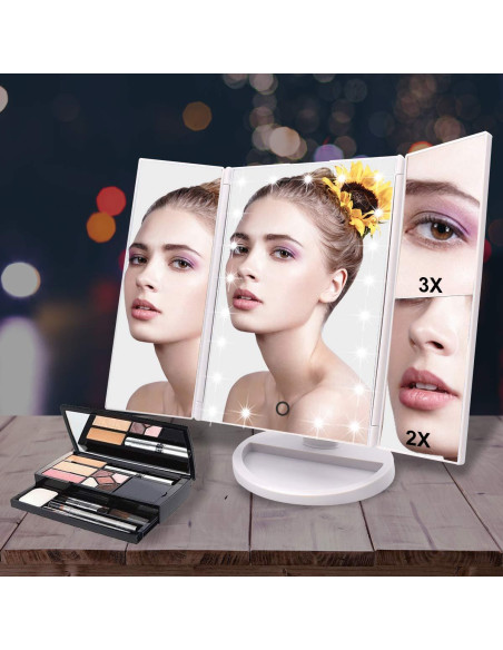 Espejo de Maquillaje WEILY LED 21 Luces Plegable Blanco