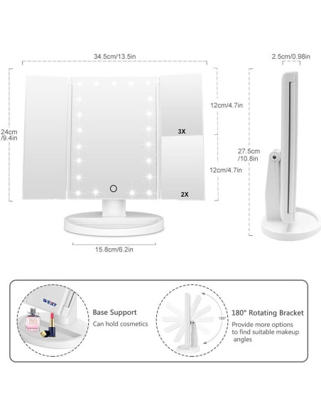 Espejo de Maquillaje WEILY LED 21 Luces Plegable Blanco