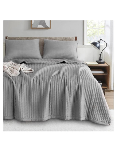 KASENTEX Colcha Doble/Reina Microfibra Gris + 2 Fundas