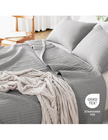KASENTEX Colcha Doble/Reina Microfibra Gris + 2 Fundas