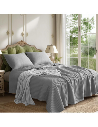 KASENTEX Colcha Doble/Reina Microfibra Gris + 2 Fundas