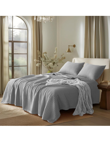 KASENTEX Colcha Doble/Reina Microfibra Gris + 2 Fundas