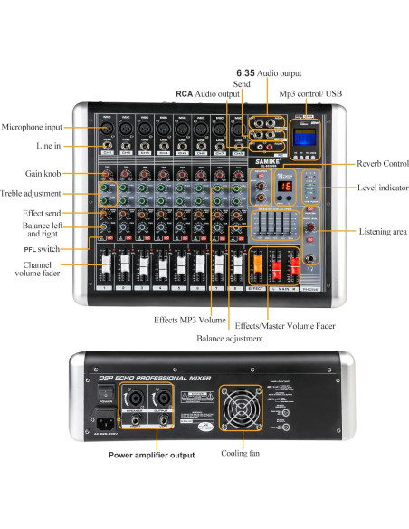Mezclador de Audio 8 Canales 300W Amplificador DJ con Efectos