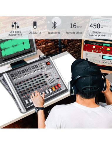 Mezclador de Audio 8 Canales 300W Amplificador DJ con Efectos