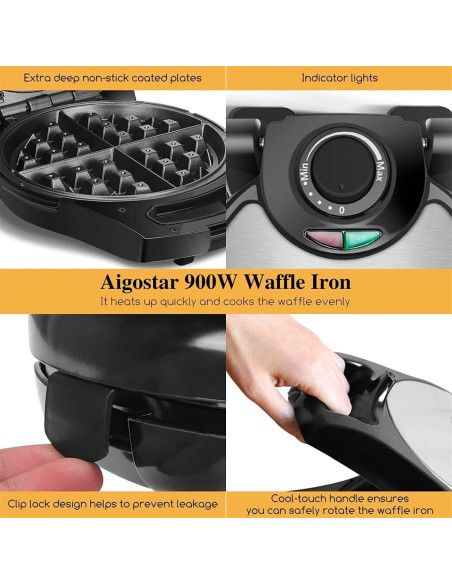 Aigostar Máquina de Waffles Belga Invertible 900W 4 Porciones